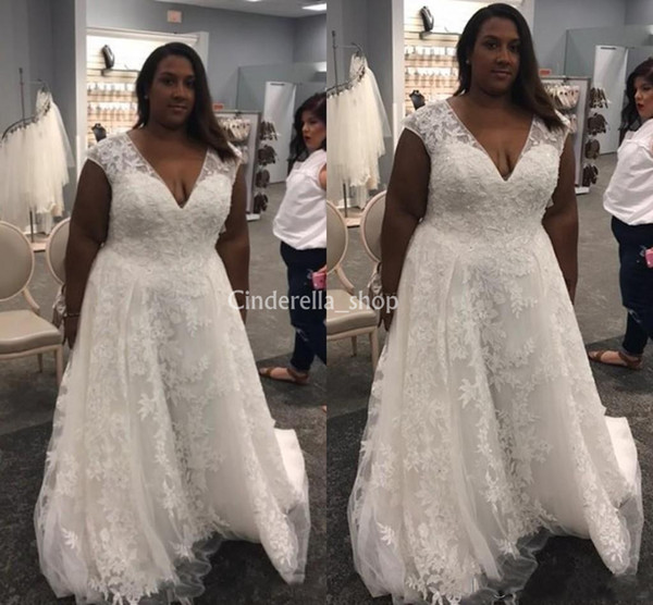 Gorgeous Plus Size Lace Wedding Dresses V Neck Appliques A Line Sweep Train Country Garden Robe De Mariee Bridal Gowns Customized