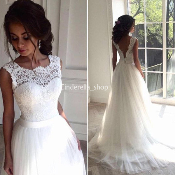 Simple Western Country Wedding Dresses Sheer Neck Appliques Lace Open Back A Line Beach Robe De Mariee Bridal Gowns Cheap Customized