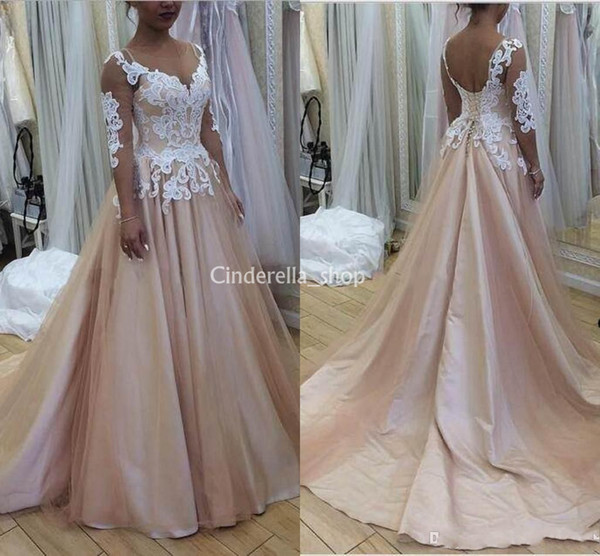 Champagne Long Sleeves Wedding Dresses Sheer Neck Open Back A Line Sweep Train Satin Robe De Mariee Garden Western Country Bridal Gowns