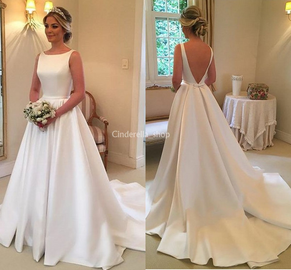 Simple Satin Wedding Dresses Bateau V Backless A Line Sweep Train Country Garden Western Dresses for Bride Cheap Customized