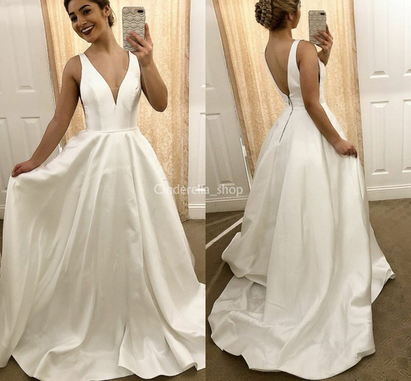 Simple Satin Traditional Wedding Dresses V Neck Backless A Line Sweep Train Country Garden Western Dresses for Bride Cheap Customized