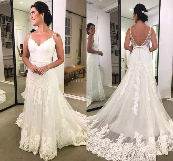 Vestidos de novia A Line Wedding Dresses Spaghetti Straps Backless Sleeveless Formal Floor Length Lace Bridal Gowns Custom Made Cheap