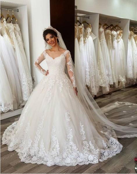 Elegant White/Ivory A Line Garden Wedding Dresses V Neckline Full Lace Applique Sheer Long Sleeve Floor Length Bridal Gowns Custom Made