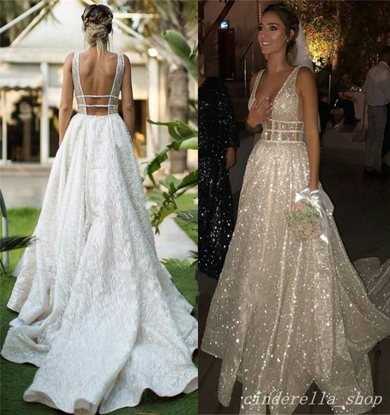 Sparkly Wedding Dresses A Line V Neck Backless Sweep Train Robe De Mariee Garden Western Country Bridal Gowns Vestidos De Novia