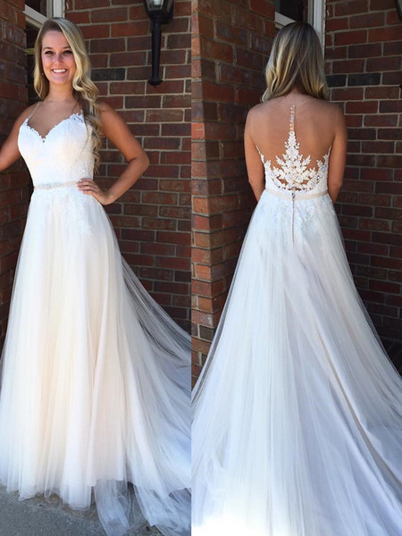 Elegant Wedding Dress A Line Sheer Jewel Neck Illusion Bodice Sweep Train Appliques Sash Crystal Beach Garden Country Bridal Gowns