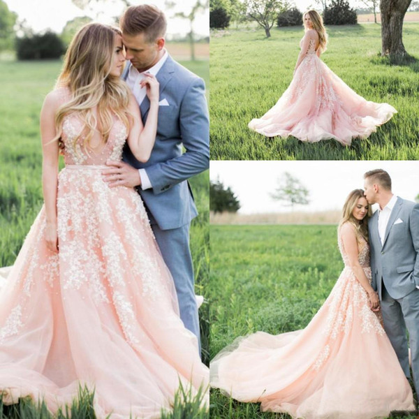 New Blush Pink Wedding Dresses With White Appliques Deep V Neck Backless Illusion Bodice Sweep Train Garden Country Cheap Bridal Gowns