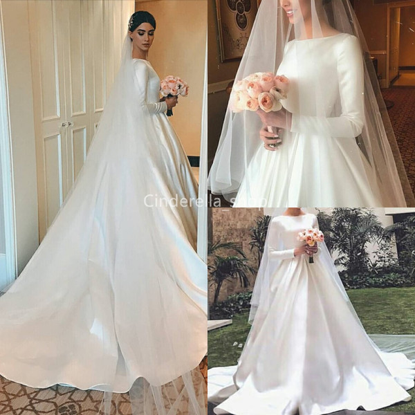 Modest Long Sleeves Satin Wedding Dresses A-Line Covered Buttons Garden Bridal Gowns Sweep Train Cheap Customized vestito da sposa