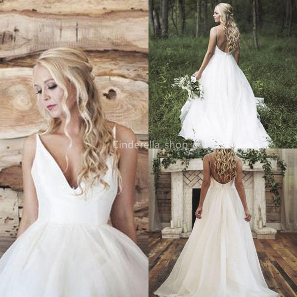 Bohemian Backless Beach Wedding Dresses Sleeveless V-Neck Satin Summer Country Bridal Gowns Sweep Train Cheap vestito da sposa