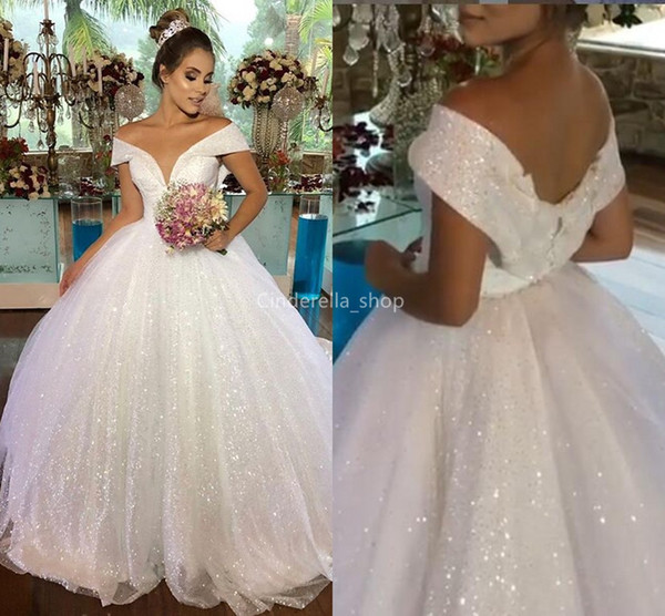 Luxury Off The Shoulder Arabic Wedding Dresses Sequined Sparkly A-Line Church Dubai Bridal Gowns Lace Up Back Plus Size robe de mariée