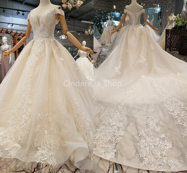 Gorgeous Off The Shoulder Shine Sequins Beaded A-Line Wedding Dresses With Long Train Appliques Princess Bridal Gowns Plus Size 2019