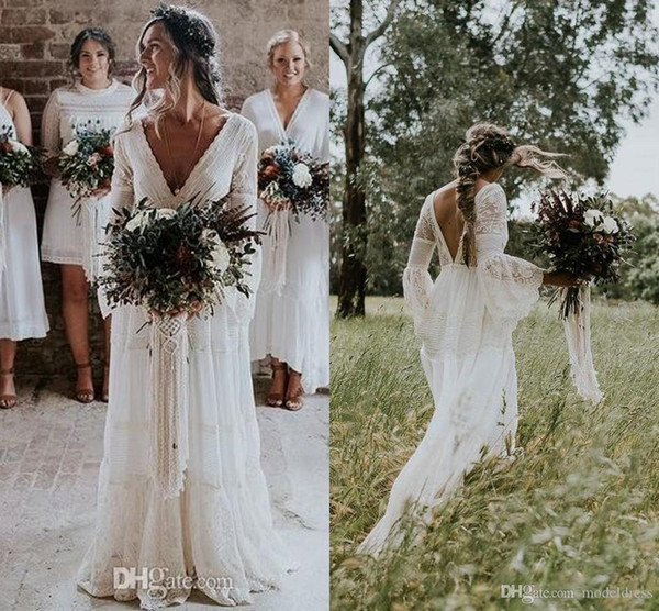 Sexy White/Ivory Bohemian A Line Garden Wedding Dresses Deep V Neck Long Sleeve Backless Floor Length Bridal Gowns Custom Made Cheap