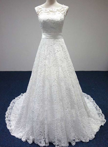 Lace A Line Wedding Dresses Ivory White Bateau Neck Wedding Gown Lace Up Marrige Dress