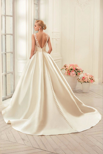 Backless Satin A Line Wedding Dresses White Ivory Champagne Sweep Train Bridal Gown Robe De Mariage