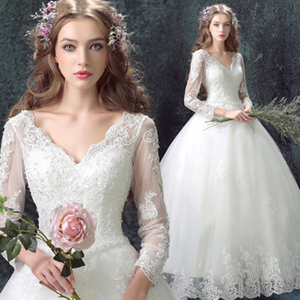 Boho V Neck Ball Gown Wedding Dresses Long Sleeves Wedding Gowns Lace Up Bridal Gown