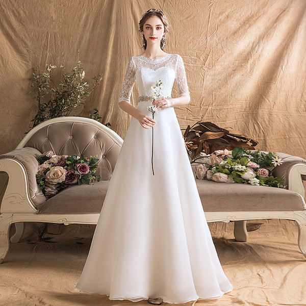 Lace Appliques A Line Wedding Dress with Crystal Sash Half Sleeves Wedding Gowns Floor Length Bride Dress