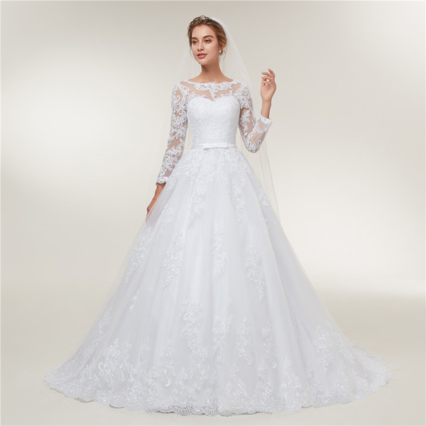 Lace Appliques A Line Wedding Dresses 3/4 Length Sleeves Wedding Gowns New Bride Dress