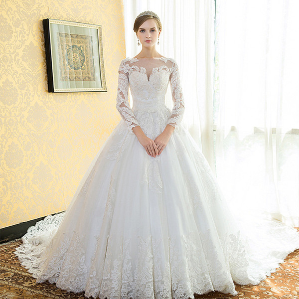 Long Sleeves A Line Wedding Dresses with Long Train Lace Appliques Mariage Bridal Gowns