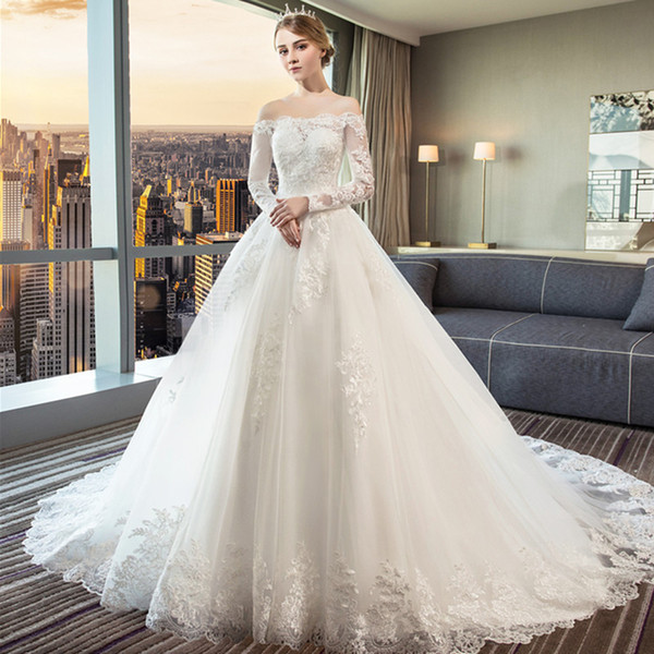 Off Shoulder Lace Tulle Wedding Dresses with sweep train Long Sleeves Wedding Gowns Lace Up