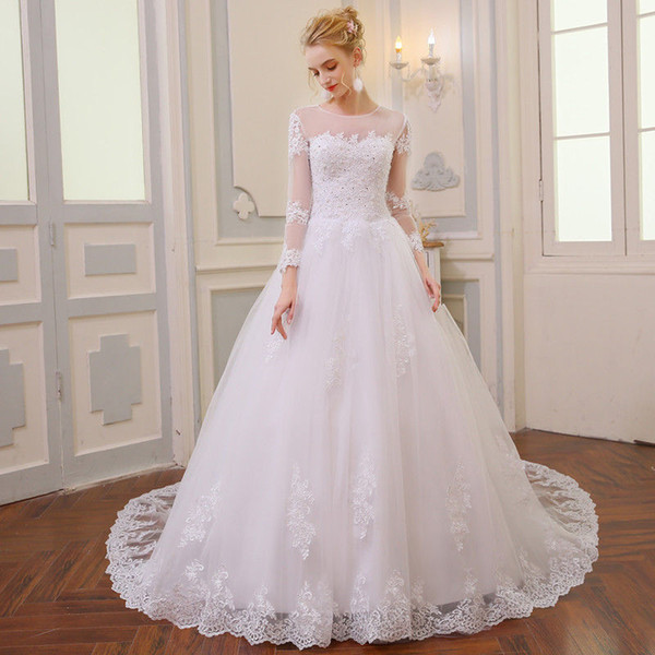 Vestido De Novia Jewel Neck Lace Appliques Wedding Dresses with Sweep Train White Ivory