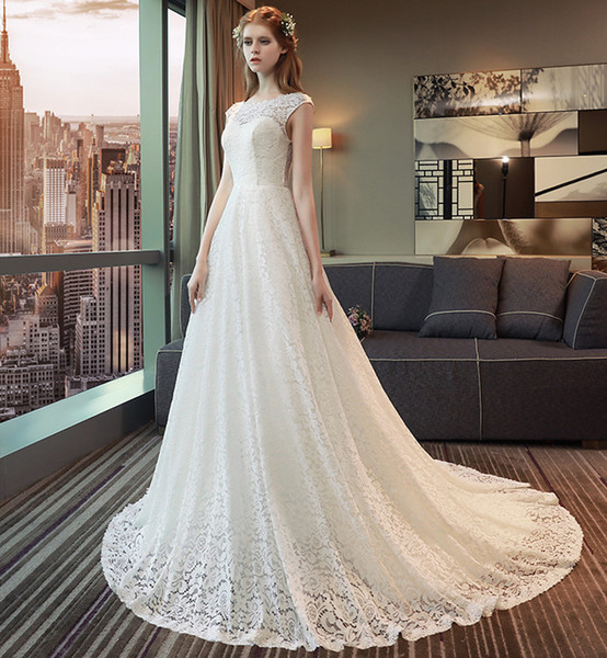 Capped Sleeves Lace A Line Wedding Dress with Court Train V Back Beach Bridal Gowns