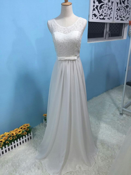 Scoop Neck Lace Chiffon Beach Wedding Dresses White A Line Wedding Gowns Floor Length Bridal Dress