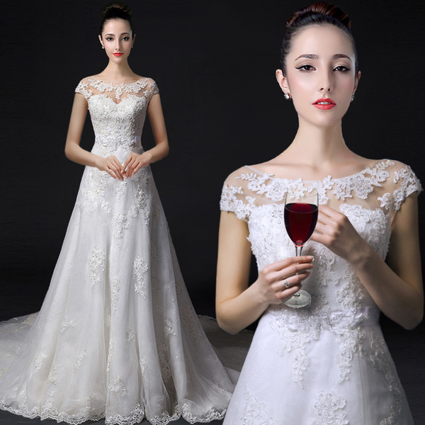 Scoop Neck Lace Tulle A Line Wedding Dresses with Short Sleeves Court Train Bridal Gown