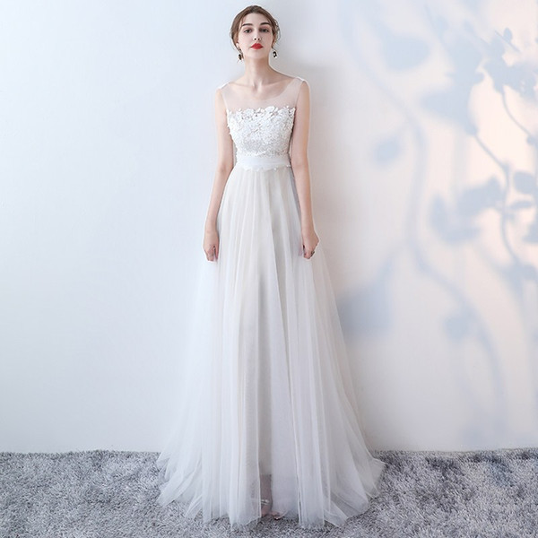 Scoop Neck Tulle Beach Wedding Dresses with Lace Appliques Floor Length Wedding Gowns New Bridal Dress