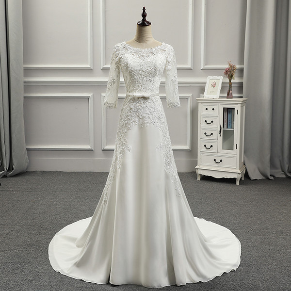 Bateau Neck Satin A Line Wedding Dresses with Half Sleeves Lace Appliques Wedding Gowns Button Covered Back