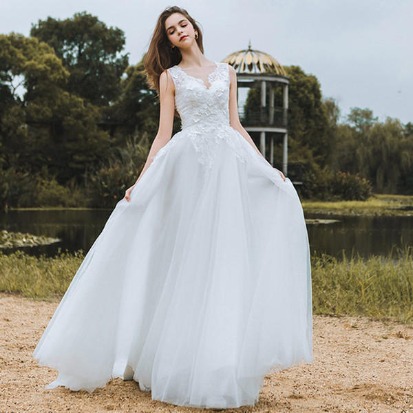 Bateau Neck Tulle A Line Wedding Dresses with Lace Appliques New Floor Length Beach Bridal Gowns