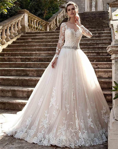 Sheer Neck Long Sleeves Appliques New Vintage Cheap Lace Wedding Dresses Vestios De Novia Bridal Gown