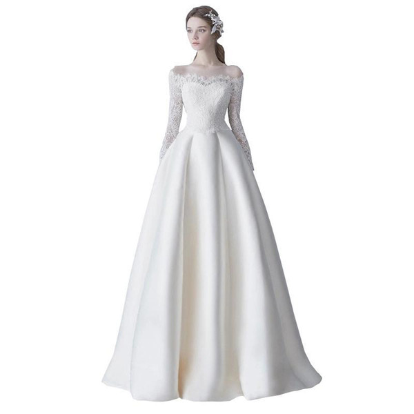 Satin A Line Beach Wedding Dresses with Lace Appliques Floor Length Bridal Gowns Lace Up