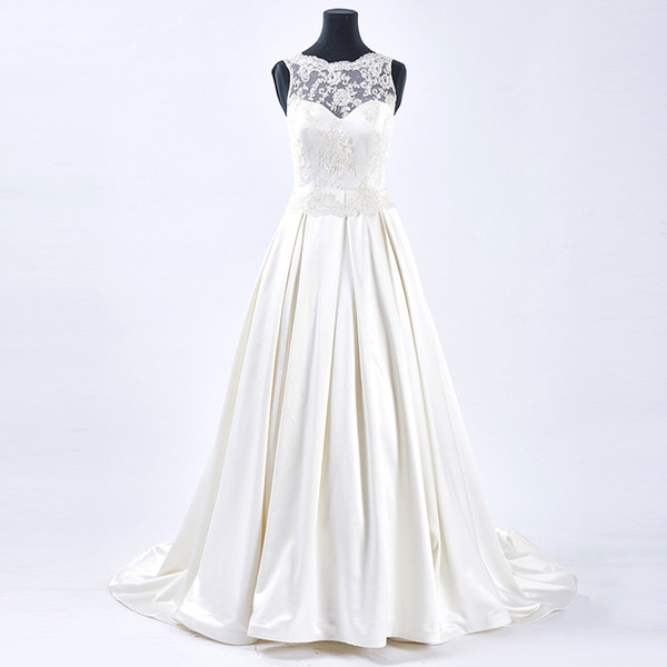 Satin with Appliques A Line Wedding Dresses Backless Floor Length Bridal Gowns Ivory Marriage Dress