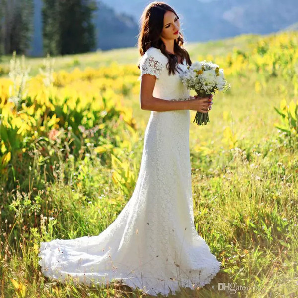 Vintage Lace A Line Wedding Dresses with Crystal Sash Short Sleeves Bridal Gowns Country Style