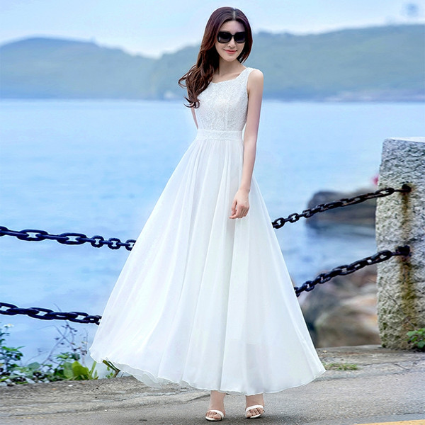 Lace Chiffon Beach Wedding Dresses Scoop Neck Summer Women Dress Floor Length Wedding Gowns White Ivory