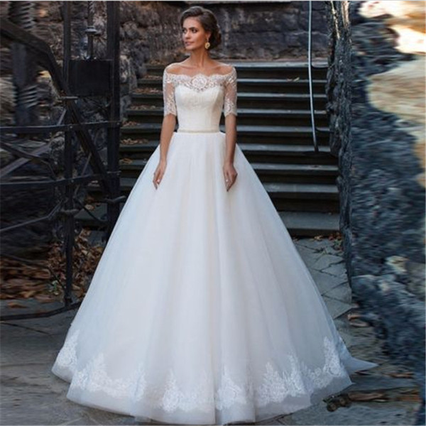 Half Sleeves Lace Tulle A Line Wedding Dress Bateau Neck Bridal Gowns Floor Length Bridal Dresses