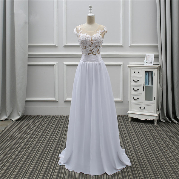 Scoop Neck Chiffon Beach Wedding Dresses Lace Appliques Boho Wedding Dress Floor Length Bridal Gowns