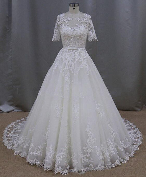 Short Sleeves Wedding Dress A-line Lace Appliques Bridal Gowns Vintage Custom Made For Brides vestidos novia