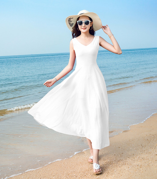 Cheap V Neck Chiffon Beach Wedding Dress 2018 Summer Dress Floor Length Bridal Gowns Lace Up