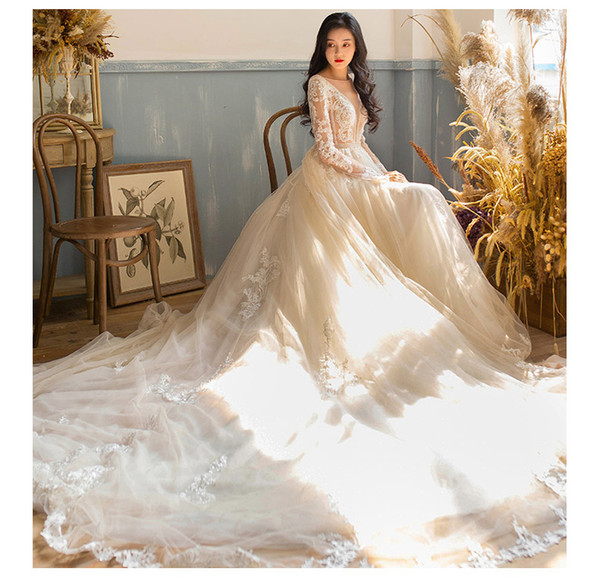 Mingli Tengda Luxury Appliques Lace Wedding Dresses Vintage Dream Princess Long Sleeve Wedding Gowns Sexy Illusion Bodice Bridal Dress