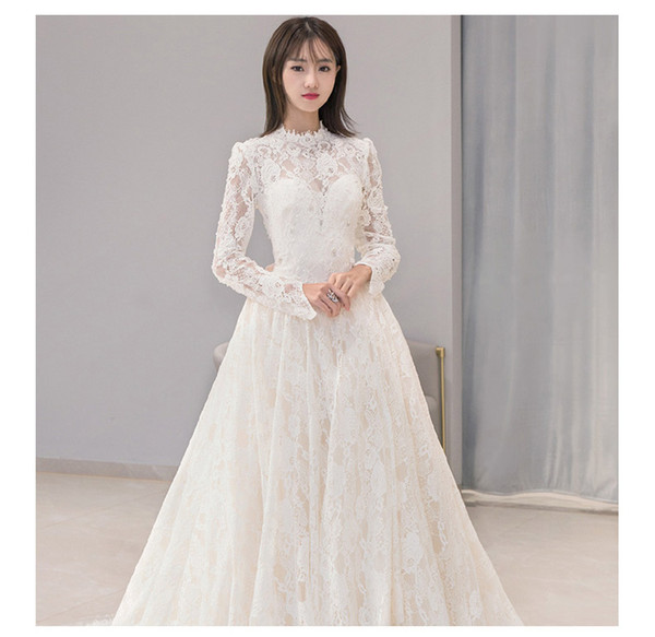 Mingli Tengda Luxury Elegant Lace High Neck Wedding Dresses Vintage Sweep Train Dream Princess Long Sleeve Wedding Gowns