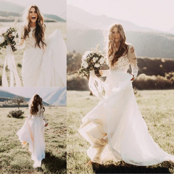 Elegant Bohemian Beach Lace Wedding Dresses Long Sleeves O Neck A Line Applique Chiffon Boho Country Bridal Gowns robe de mariee