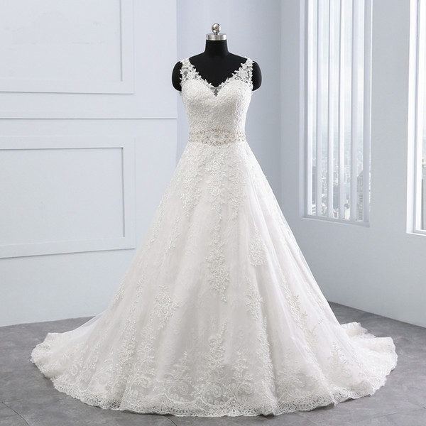 Mingli Tengda Vestido De Noiva New Design Ball Gown Lace Appliques Wedding Dresses V-Neck Crystal Backless Sexy Wedding Gowns Plus Size