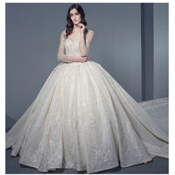 Mingli Tengda Luxury Sequins Lace Sheer Neck Wedding Dress Vintage Long Sleeve Princess Ball Gowns Wedding Dresses vestidos de noiva 