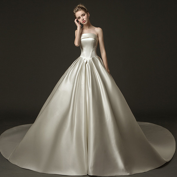 Mingli Tengda Luxury Satin Sweep Train Wedding Dresses Bridal Gowns Sexy Simple Strapless Dream Princess Wedding Dress Vestido De Noiva 