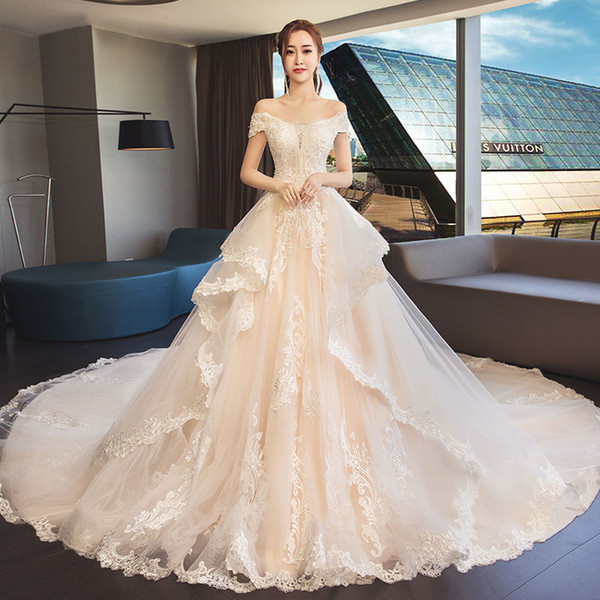 Mingli Tengda Sexy Boat Neck Wedding Dress Elegant Appliques Pearls Floor Length Princess Ball Gowns Wedding Dresses vestido de noiva