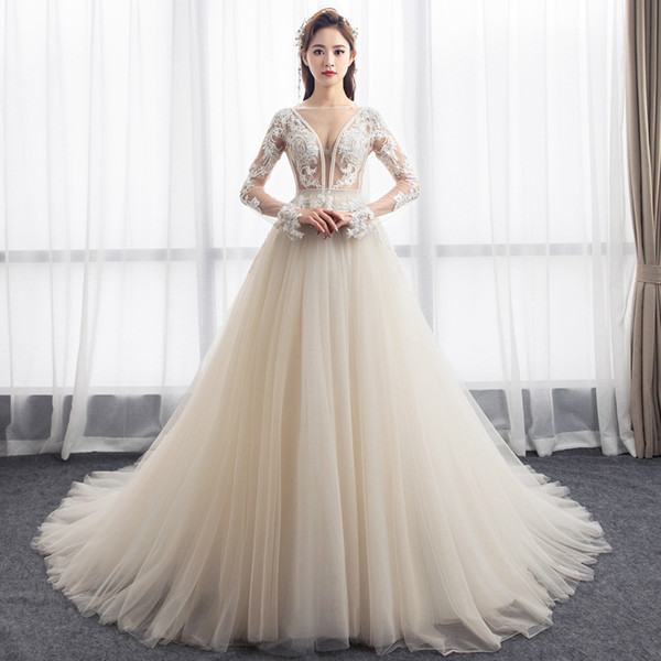 Mingli Tengda Sexy Deep V Neck Wedding Dress Luxury Lace Dream Princess Bride Simple Long Sleeve Wedding Dresses vestidos de noiva 