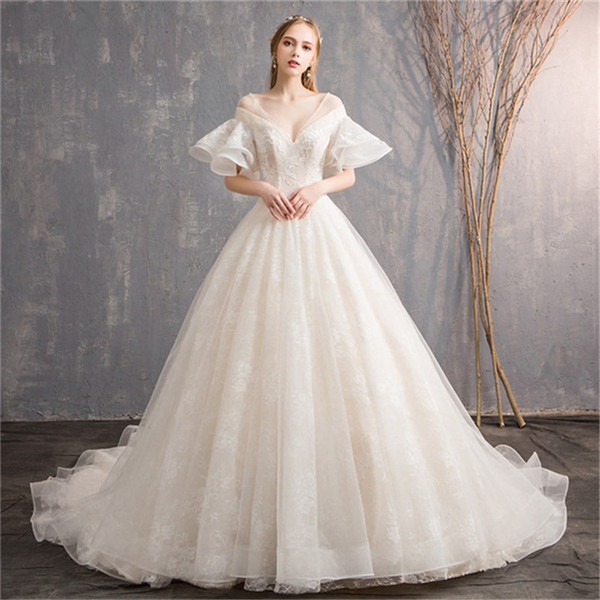 Mingli Tengda Luxury V Neck Ball Gown Wedding Dress Elegant Lace-up Princess Dream Simple Plus Size Wedding Dresses vestidos de noiva