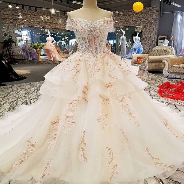 Off Shoulder Wedding Dress Flower Styles Lace Up Back Bride Dress China Online Store Wholeale Real Price High Quality