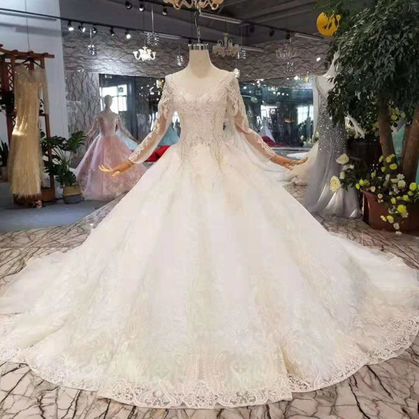 Illusion Long Sleeves Wedding Dress With Long Train Lace Up Back Ball Gown Bride Dress 2022Newest Classic Design Fans Get Extra Discount