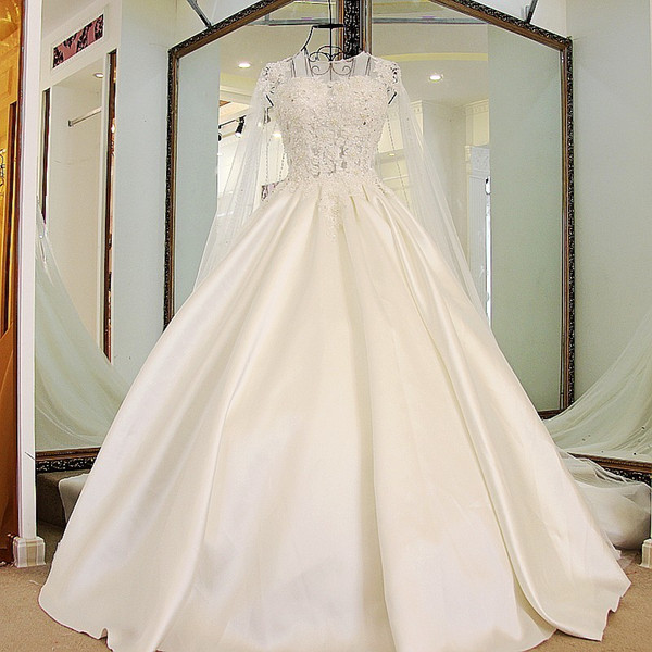 Satin Wedding Dress With Long Cape O Neck Sweep Train Lace Beaded Pearls Bridal Dresses China Online Store Wholesale